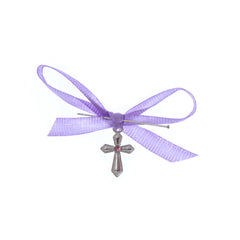 Set 20 marturii, cruciulite biserica din metal cu bolduri si cutiuta, funda lila, REC1968/56