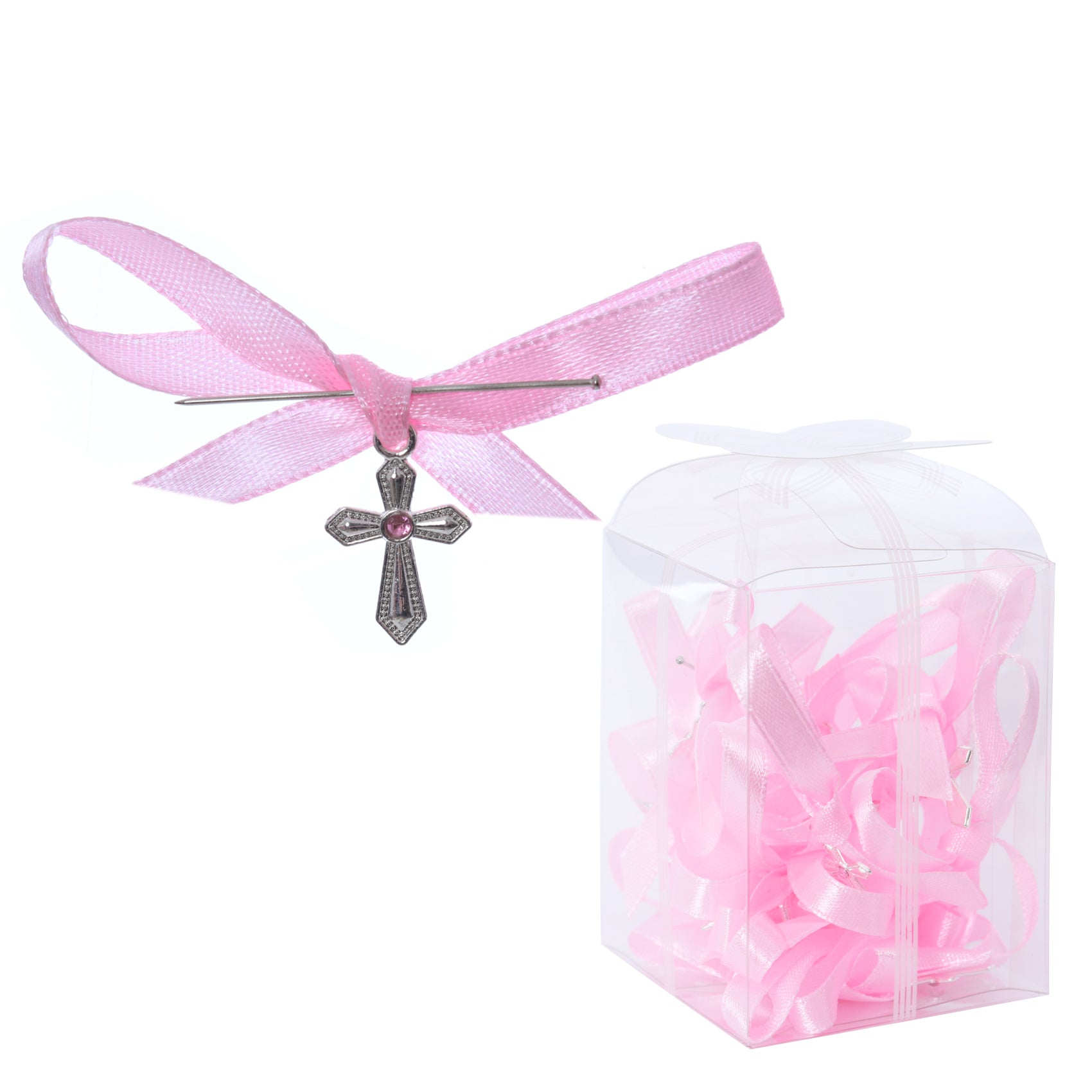 Set 20 marturii, cruciulite biserica din metal cu bolduri si cutiuta, funda roz, REC1968/57