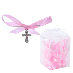 Set 20 marturii, cruciulite biserica din metal cu bolduri si cutiuta, funda roz, REC1968/57