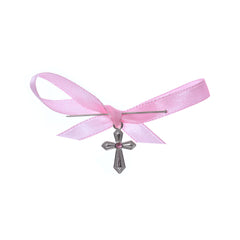 Set 20 marturii, cruciulite biserica din metal cu bolduri si cutiuta, funda roz, REC1968/57