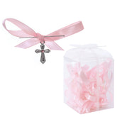 Set 20 marturii, cruciulite biserica din metal cu bolduri si cutiuta, funda roz, REC1968/58