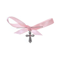 Set 20 marturii, cruciulite biserica din metal cu bolduri si cutiuta, funda roz, REC1968/58