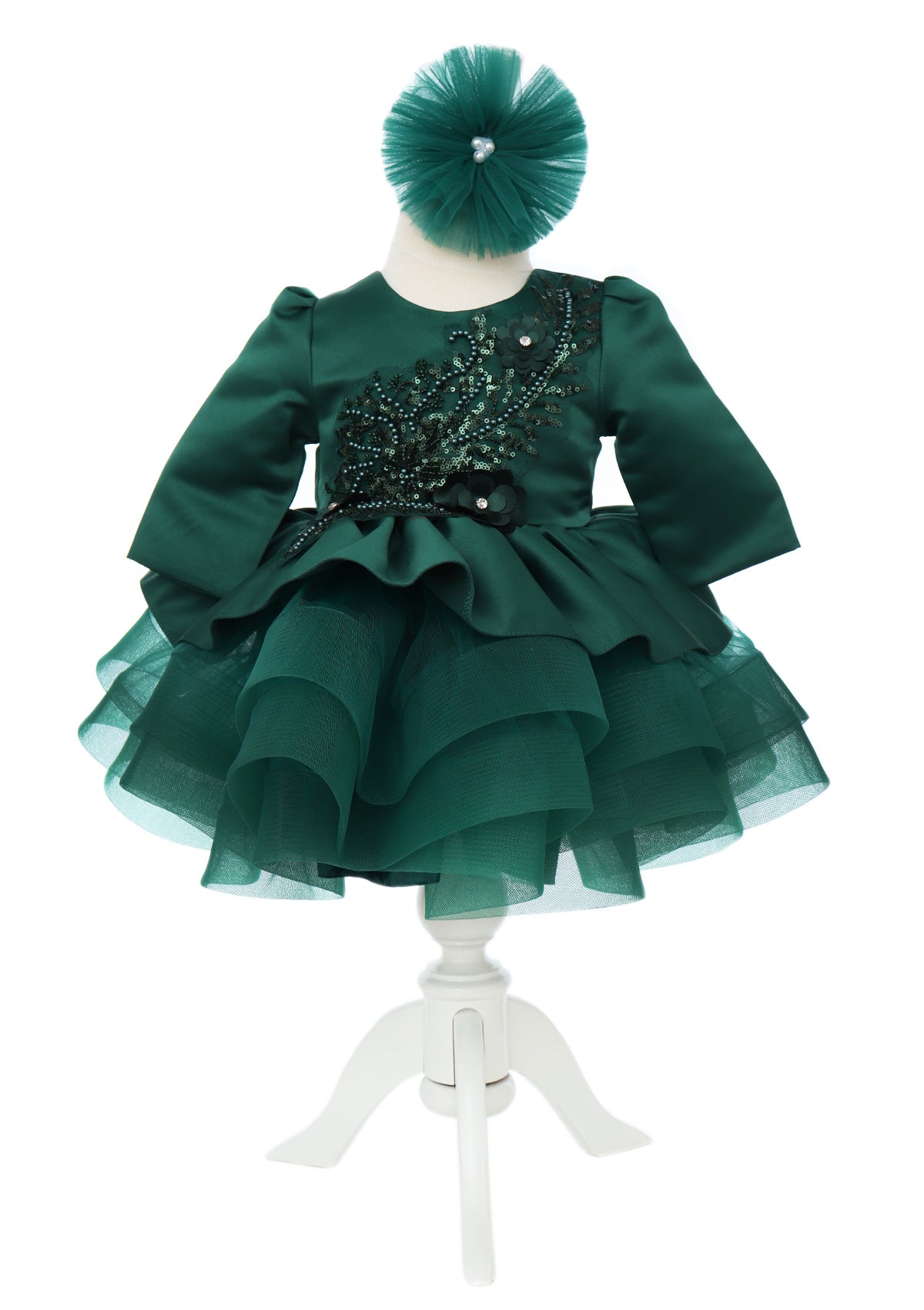 Rochita cu rijelina de culoare verde inchis si aplicatii in talie pentru botez de fete, 2 piese, Recostore®, REC2529