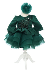 Rochita cu rijelina de culoare verde inchis si aplicatii in talie pentru botez de fete, 2 piese, Recostore®, REC2529