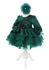 Rochita cu rijelina de culoare verde inchis si aplicatii in talie pentru botez de fete, 2 piese, Recostore®, REC2529