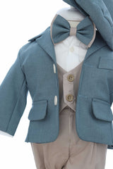 Costum elegant pentru botez, 5 piese, verde deschis-crem, REC3451