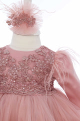 Rochie roz pudrat cu aplicatii decorative pe bust, pentru botez, 2 piese, rochie si bentita, RE3059