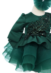 Rochita cu rijelina de culoare verde inchis si aplicatii in talie pentru botez de fete, 2 piese, Recostore®, REC2529