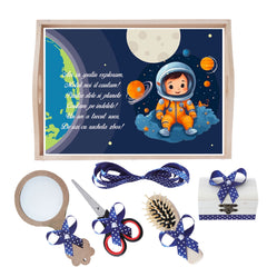 Set tava pentru taiere mot la baieti, model Micul Astronaut, bleumarin, 6 piese, 35x20 cm, Recostore®, REC1967/228