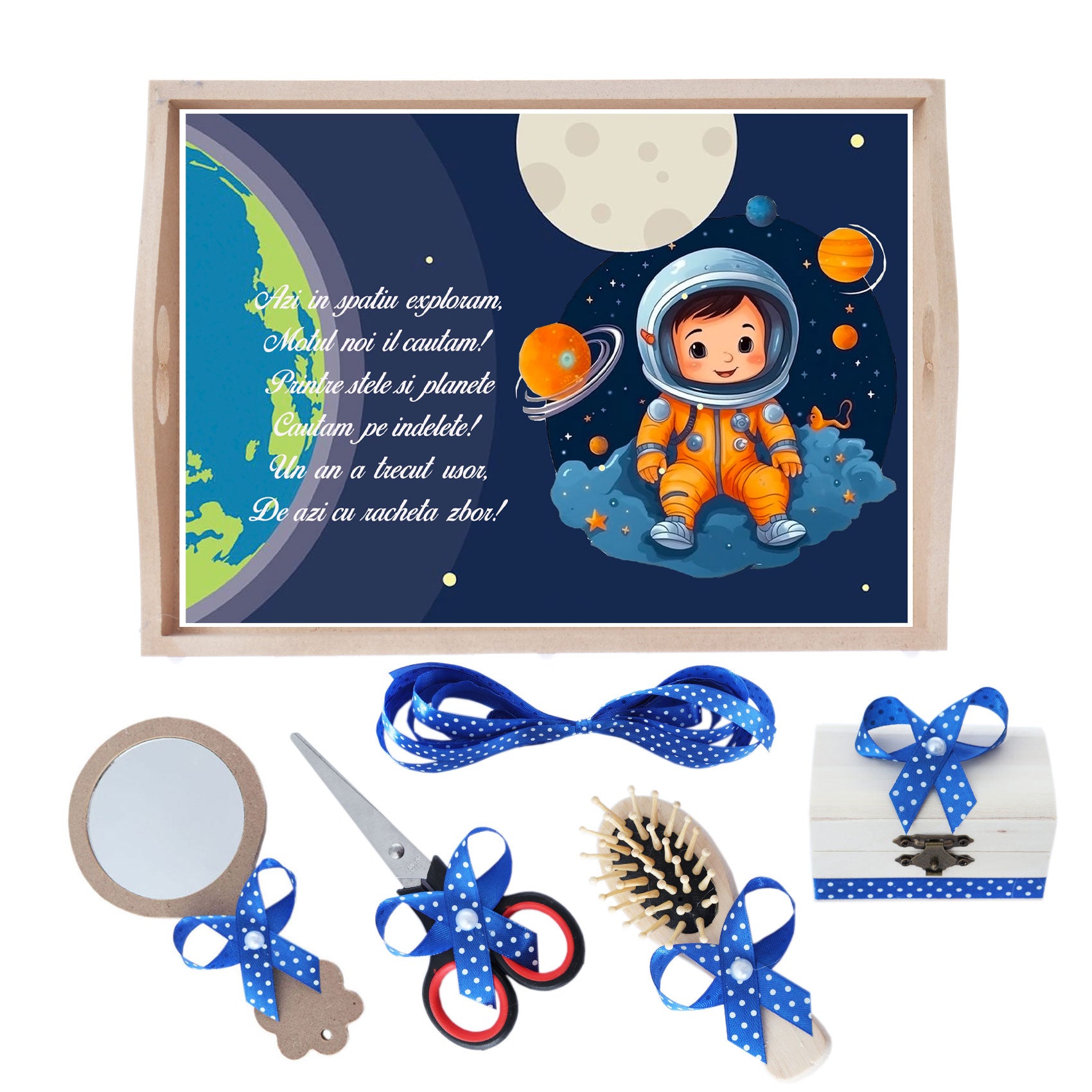 Set tava pentru taiere mot la baieti, model Micul Astronaut, albastru electric, 6 piese, 35x20 cm, Recostore®, REC1967/229