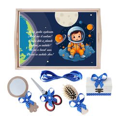 Set tava pentru taiere mot la baieti, model Micul Astronaut, albastru electric, 6 piese, 35x20 cm, Recostore®, REC1967/229