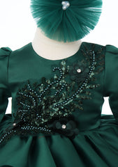 Rochita cu rijelina de culoare verde inchis si aplicatii in talie pentru botez de fete, 2 piese, Recostore®, REC2529