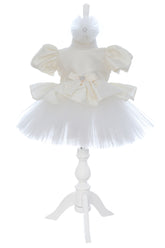 Rochita eleganta pentru botez, ivoire, 2 piese, rochie si bentita, REC3458