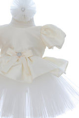 Rochita eleganta pentru botez, ivoire, 2 piese, rochie si bentita, REC3458
