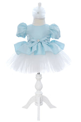 Rochita eleganta pentru botez, bleu, 2 piese, rochie si bentita, REC3459