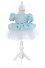 Rochita eleganta pentru botez, bleu, 2 piese, rochie si bentita, REC3459