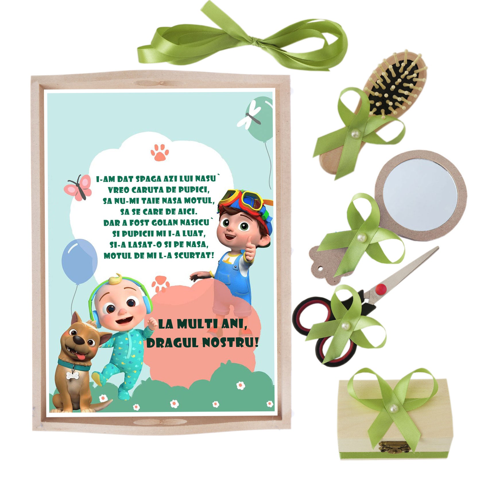 Set tava pentru taiere mot la baieti, model cu Cocomelon, verde olive, 6 piese, 35x20 cm, Recostore®, REC1967/236