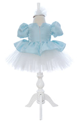 Rochita eleganta pentru botez, bleu, 2 piese, rochie si bentita, REC3459