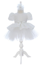 Rochita eleganta pentru botez, alba, 2 piese, rochie si bentita, REC3460