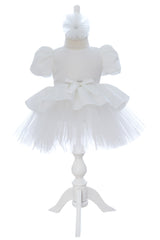Rochita eleganta pentru botez, alba, 2 piese, rochie si bentita, REC3460