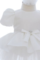 Rochita eleganta pentru botez, alba, 2 piese, rochie si bentita, REC3460