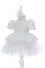 Rochita eleganta pentru botez, alba, 2 piese, rochie si bentita, REC3460