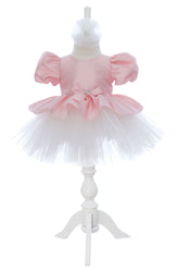 Rochita eleganta pentru botez, roz, 2 piese, rochie si bentita, REC3461