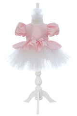 Rochita eleganta pentru botez, roz, 2 piese, rochie si bentita, REC3461