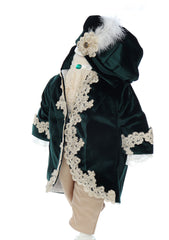 Trusou complet pentru botez de baieti, model cu Print si Coroana, trusou brodat coroana si "Cu drag de la nasi", lumanare cu print, costum print si pantofiori, verde, 14 piese, Recostore®, REC2645