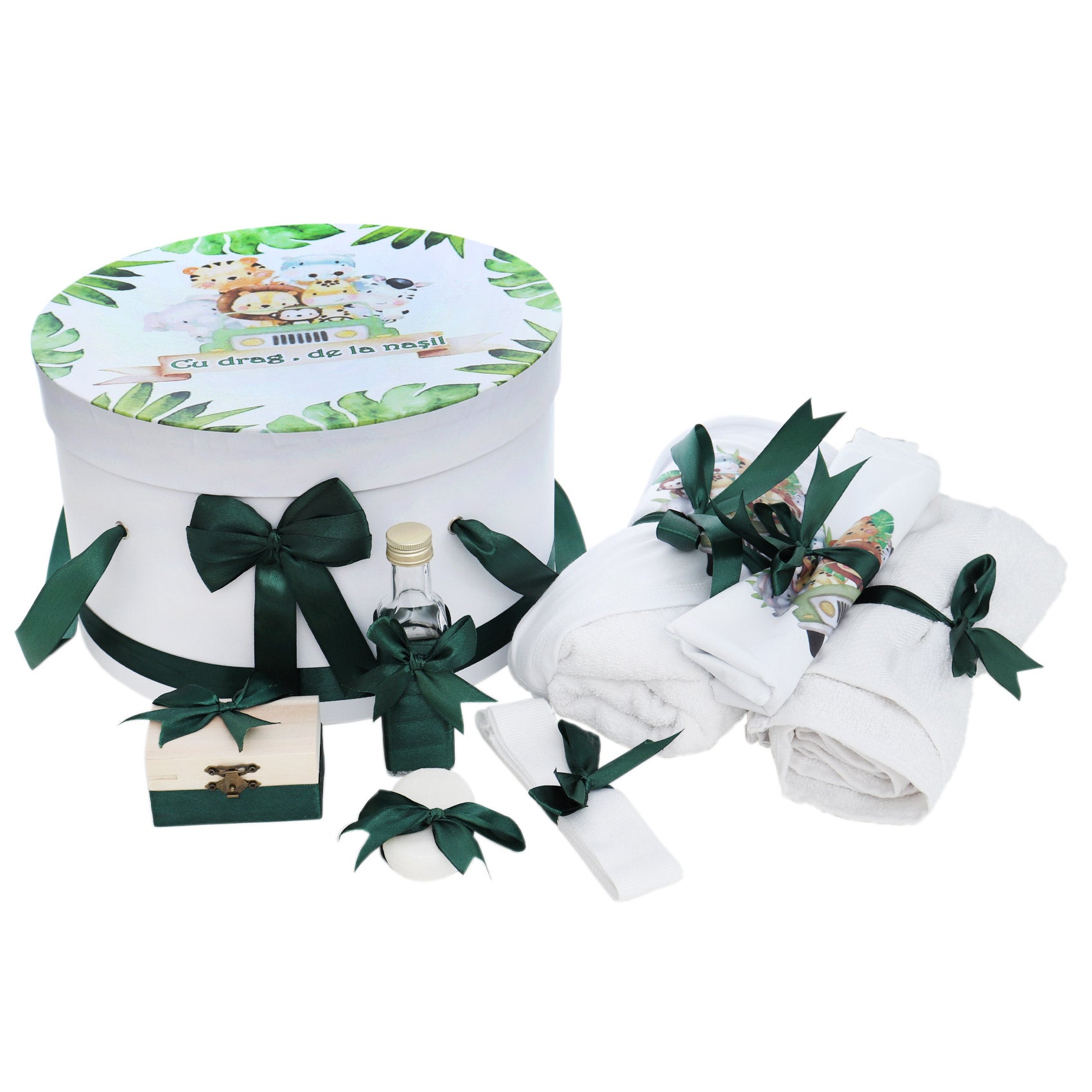 Trusou pentru botez de baieti, Model Safari, verde inchis, 8 piese, Recostore®, REC2515