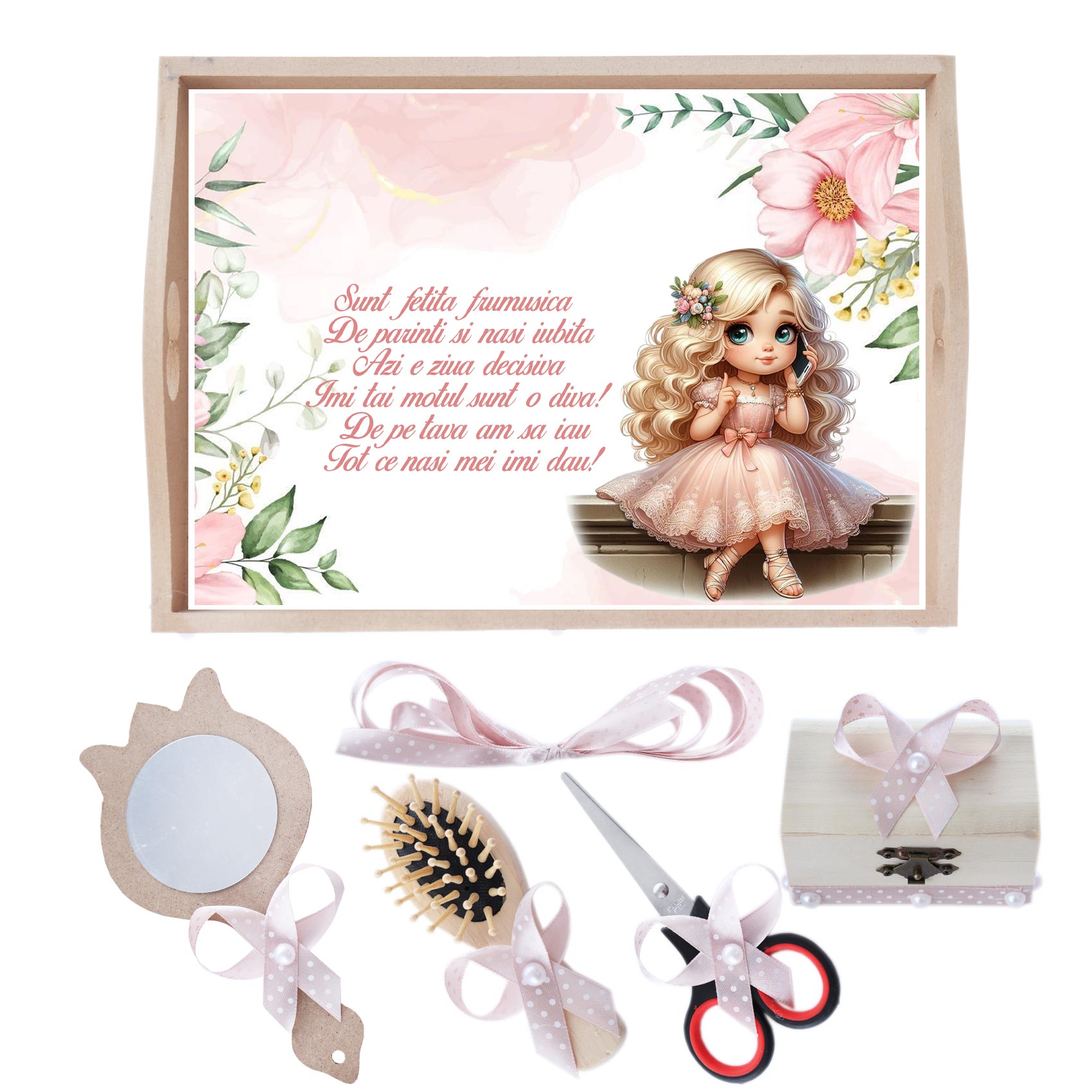 Set tava pentru taiere mot/turta, Model cu Fetita, roz pudrat, 6 piese, 35x20 cm, Recostore®, REC1967/239