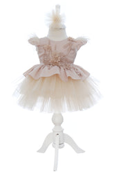Rochita eleganta pentru botez, crem, 2 piese, rochie si bentita, REC3462