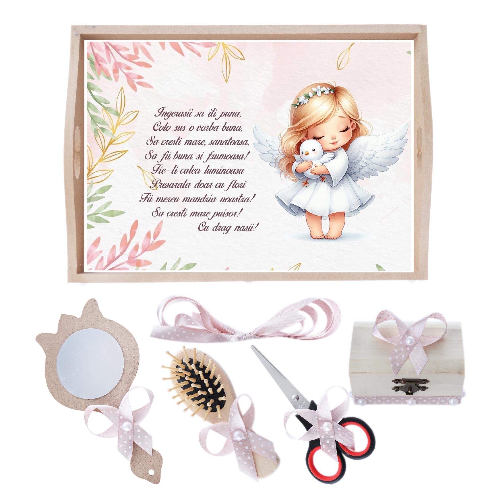 Set tava pentru taiere mot/turta la fete, Model cu ingeras, roz pudrat, 6 piese, 35x20 cm, Recostore®, REC1967/241