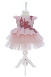 Rochita eleganta pentru botez, roz pudrat, 2 piese, rochie si bentita, REC3463