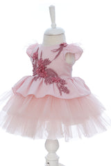 Rochita eleganta pentru botez, roz pudrat, 2 piese, rochie si bentita, REC3463