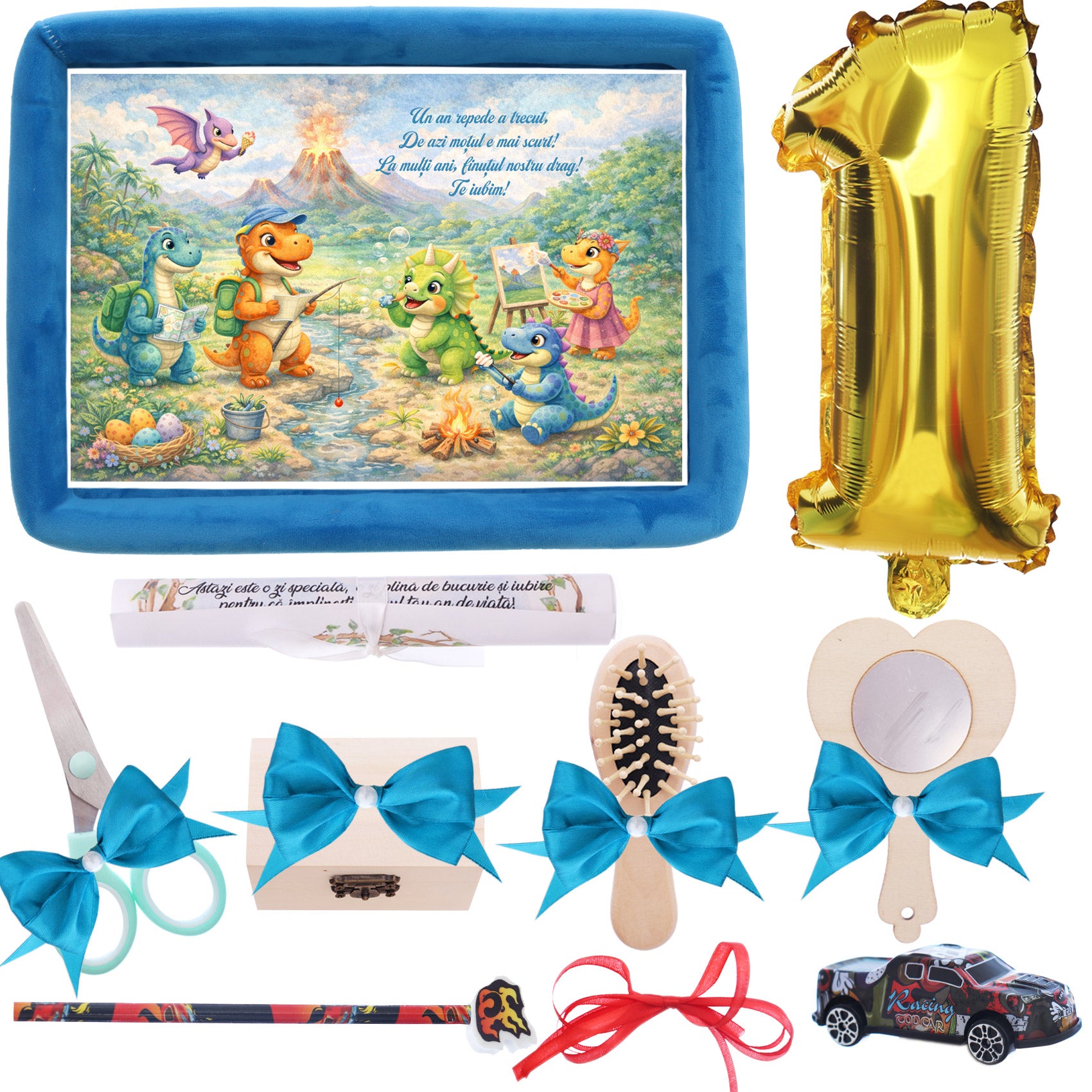 Tava mot baieti, aniversare 1 an, model cu Dinozauri, catifea turcoaz, 10 piese, 34x25 cm, REC5011/41