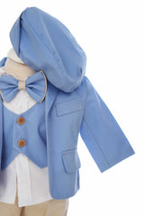 Costum botez baieti, bleu-crem compus din 5 piese, sacou, camasa, pantaloni bascuta si papion, Recostore®, REC2744