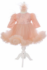 Rochie roz somon cu aplicatii decorative pe bust, pentru botez, 2 piese, rochie si bentita, RE3060