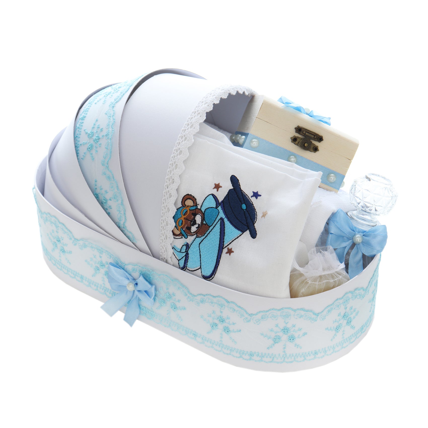 Trusou tip landou pentru botez de baieti, Model brodat cu Ursuletul aviator, bleu, 8 piese, Recostore®, REC5005/1