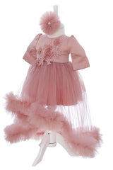 Rochie roz pudrat cu trena si aplicatii decorative, pentru botez, 2 piese, rochie si bentita, RE3057