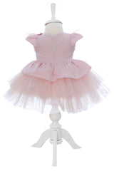 Rochita eleganta pentru botez, roz pudrat, 2 piese, rochie si bentita, REC3463