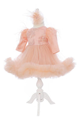 Rochie roz somon cu aplicatii decorative pe bust, pentru botez, 2 piese, rochie si bentita, RE3060