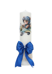 Set trusou complet pentru botez de baieti, albastru electric, model Ursulet, 14 piese, Costum, Lumanare cu Ursulet, trusou brodat si pantofiori, Recostore®, REC2571