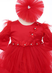 Rochita de culoare rosie cu aplicatii in talie si bust pentru botez de fete, 2 piese, Recostore®, REC2530