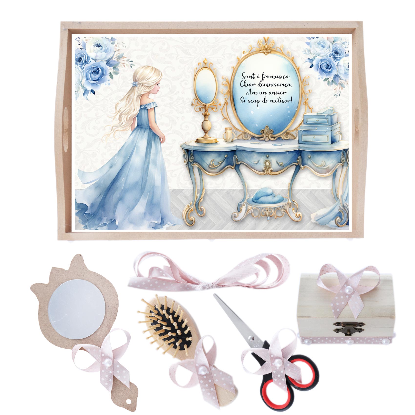 Set tava pentru taiere mot/turta la fete, model printesa, roz, 6 piese, 35x20 cm, Recostore®, REC1967/248