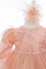 Rochie roz somon cu aplicatii decorative pe bust, pentru botez, 2 piese, rochie si bentita, RE3060