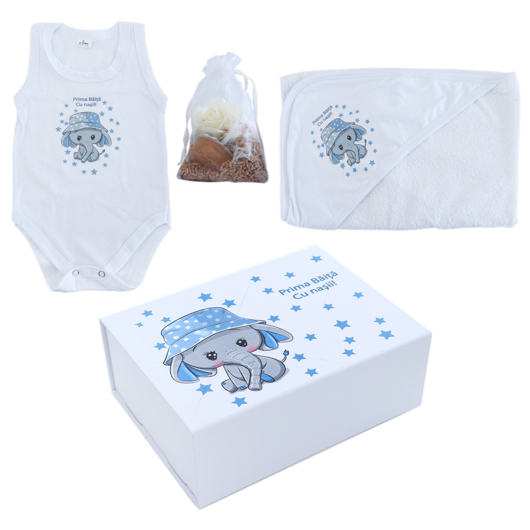 Set prima baita dupa botez cu nasii, body, prosop si saculet cu mirodenii, Elefantel, REC2555