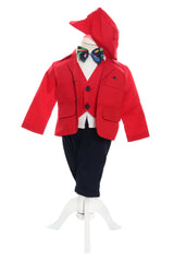 Trusou complet pentru botez de baieti personalizat cu Winnie The Pooh, Trusou brodat, lumanare, costum si pantofiori, rosu-albastru electric, 15 piese, Recostore®, REC2671