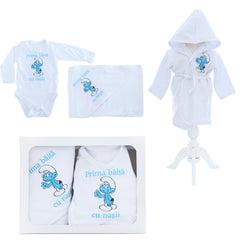 Set pentru prima baita cu nasii, halat, prosop si body, Strumfi, REC2544
