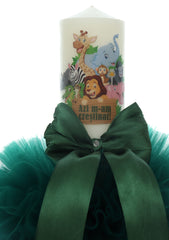 Trusou complet pentru botez de baieti personalizat cu Safari, lumanare cu Safari, costum si pantofiori, Verde, 15 piese, Recostore®, REC2756